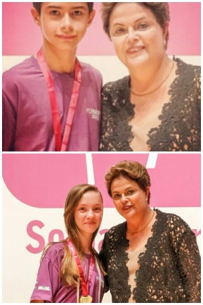 Aluno Matheus Maciel e a aluna Paula Vidigal receberam medalha de ouro pela Presidenta Dilma. Rio/2014